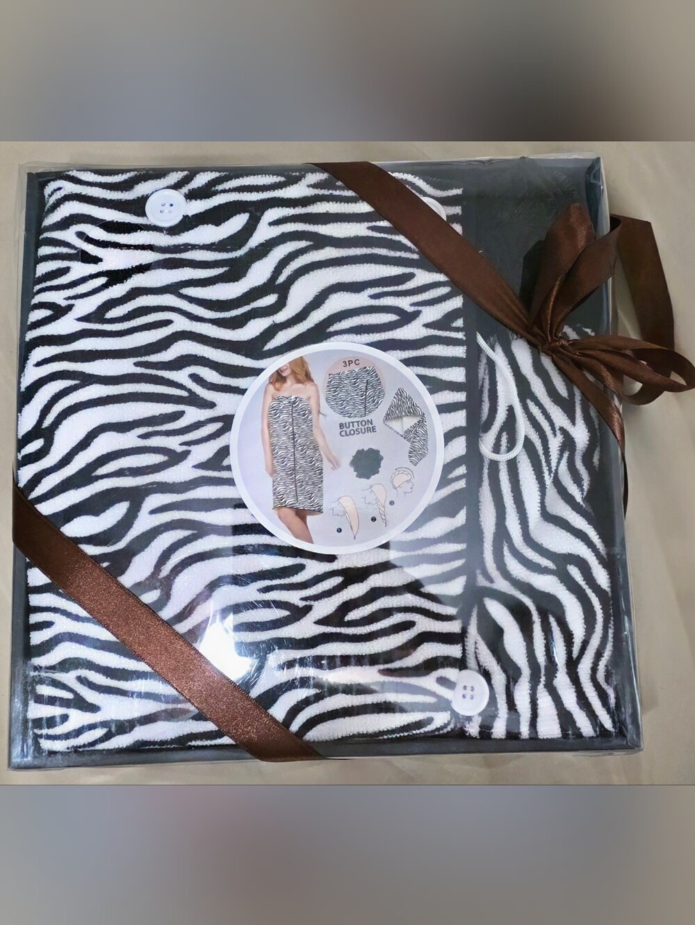 💢4For$20 Zebra Print Strapless Spa Wrap Set Button Closure - Black & White